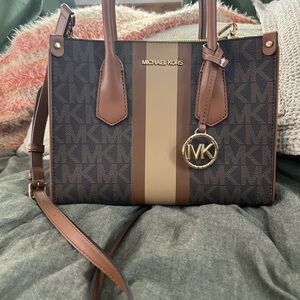 Michael Kors Brown Satchel with Monogram Print and Gold Hardware